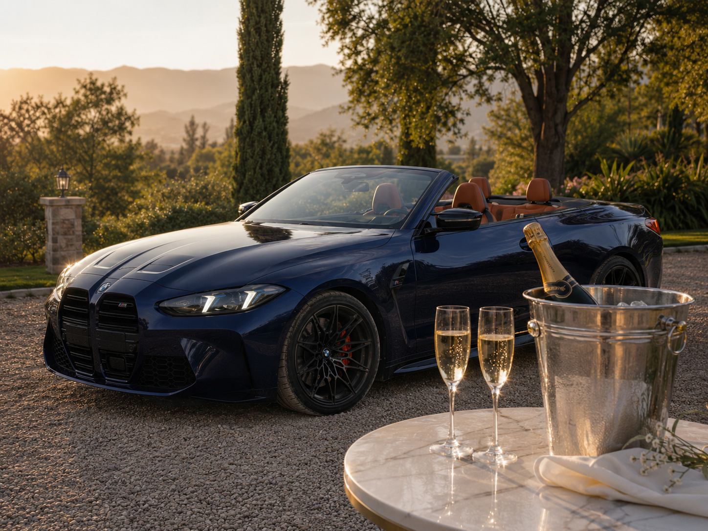 Copas de champagne sobre el capó del BMW