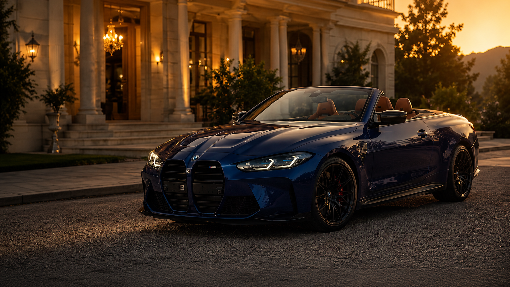 BMW M4 Competition Cabriolet Blue Tanzanite frente a un palacio al atardecer